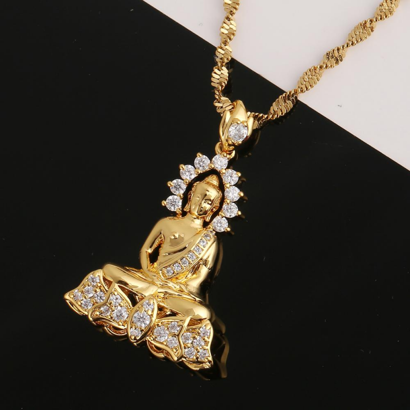 Gold Buddha Buddhist Pendant Necklace Iced Out Chain-VESSFUL