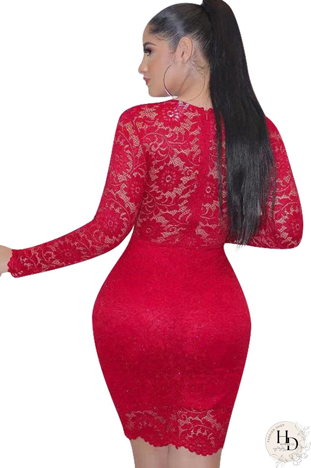 Red Lace Casual Cap Sleeve Long Sleeves V Neck Step Skirt Knee-Length lace Solid Patchwork Broken flower