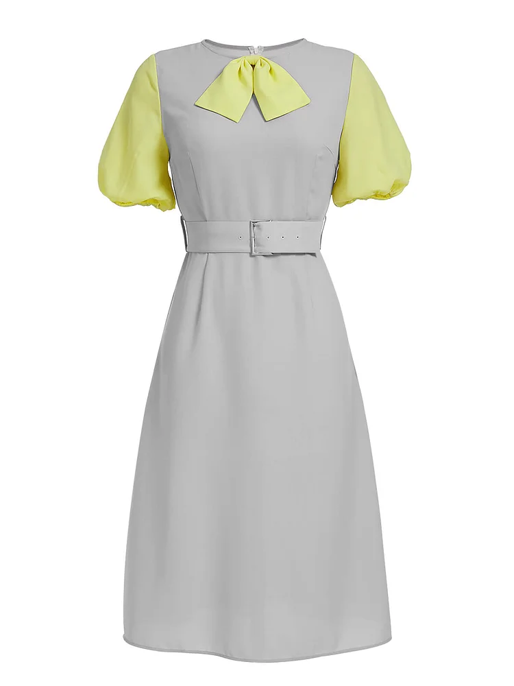 [Pre-Sale] Gray Yellow 1940s Bow Patchwork Dress