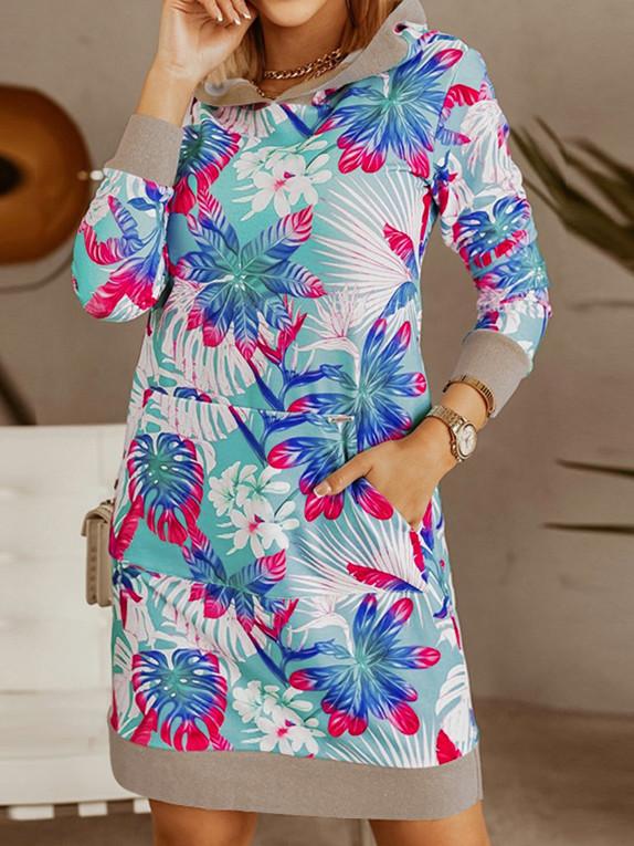 Women Long Sleeve Hooded Floral Printed Graphic Top