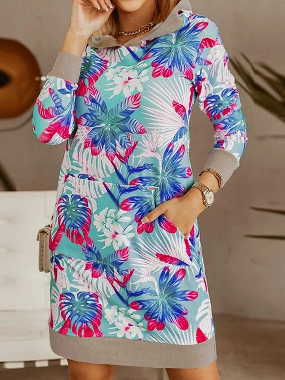 Women Long Sleeve Hooded Floral Printed Graphic Top