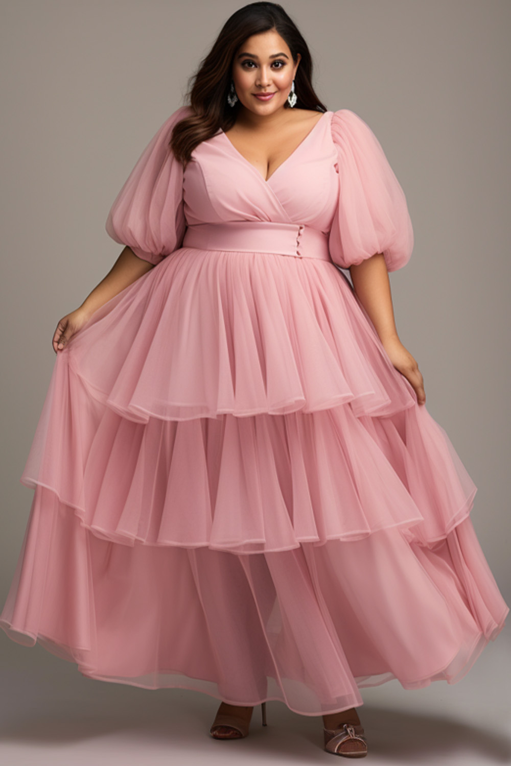 Design Plus Size Semi Formal Elegant Pink Wrap Neck Lantern Sleeve Half Sleeve Layered Tulle Maxi Dresses [Pre-Order]