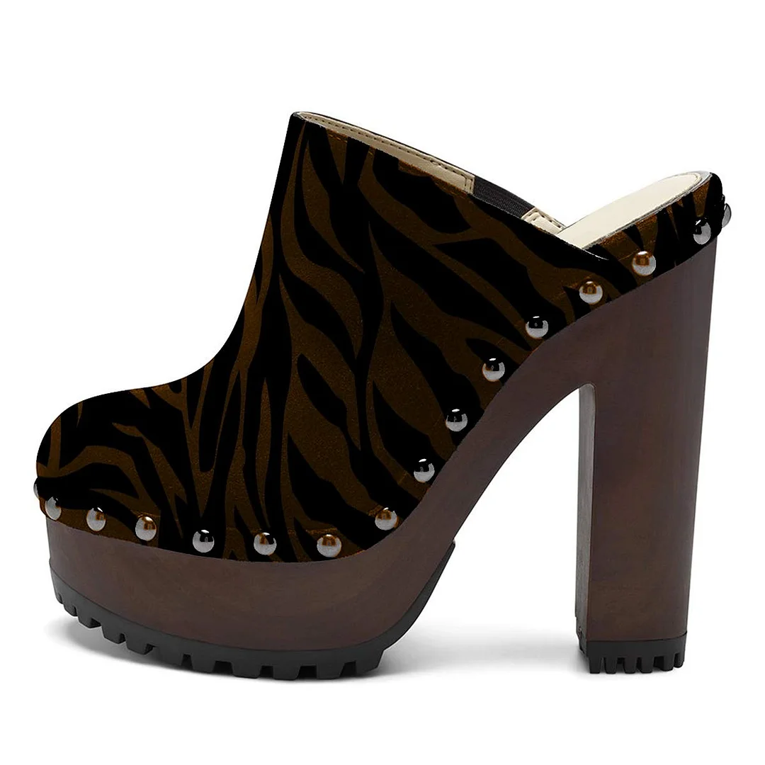 Leopard Suede Closed Toe Studded Platform Mules With Chunky Heels Nicepairs