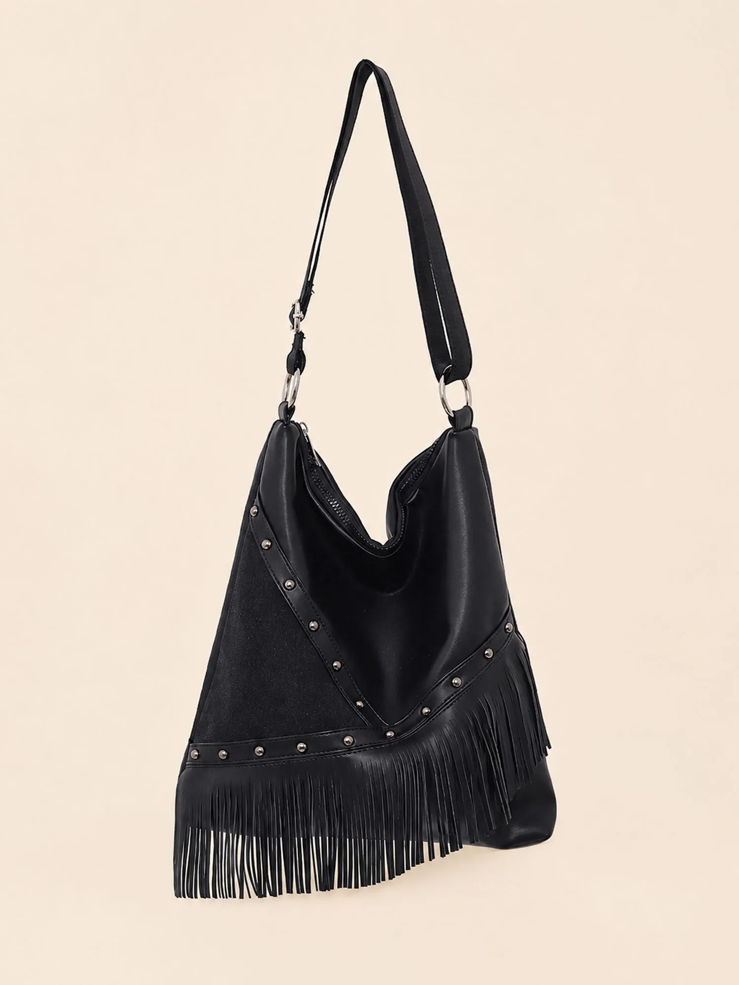 Ideal for American Western Road Trips &mdash; Obsidian Black High-End Dark Romantic Leather-Trim Drawstring Fringe Backpack