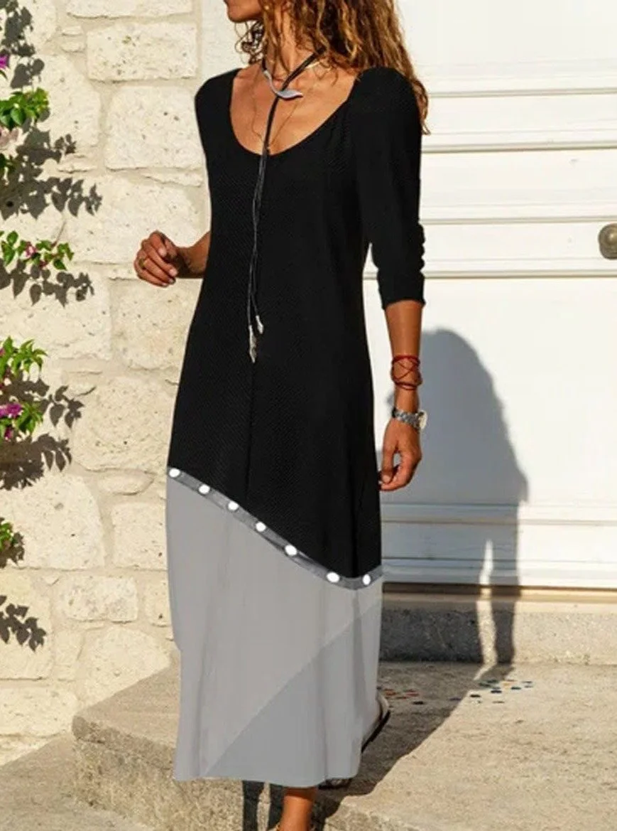 Contrast Stitching Casual Long-Sleeved Maxi Dress Black Dresses