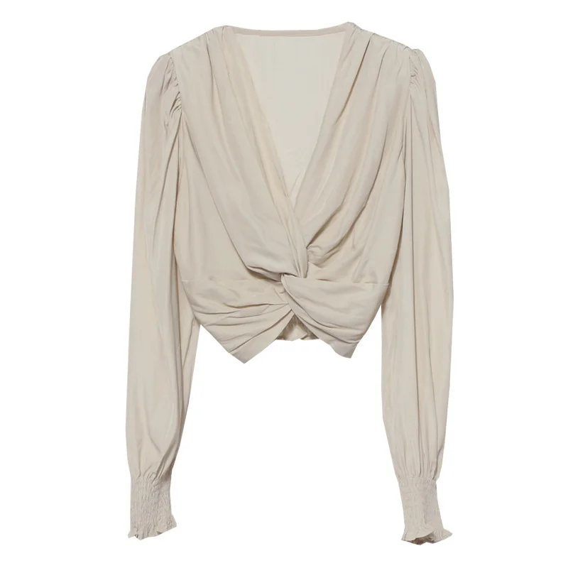 Uveng 2022 Sexy Niche Cross-Kinny Wrinkles V-Neck Pad Shoulder Long Sleeve Shirt Short High-Waist Bubble Sleeve Top