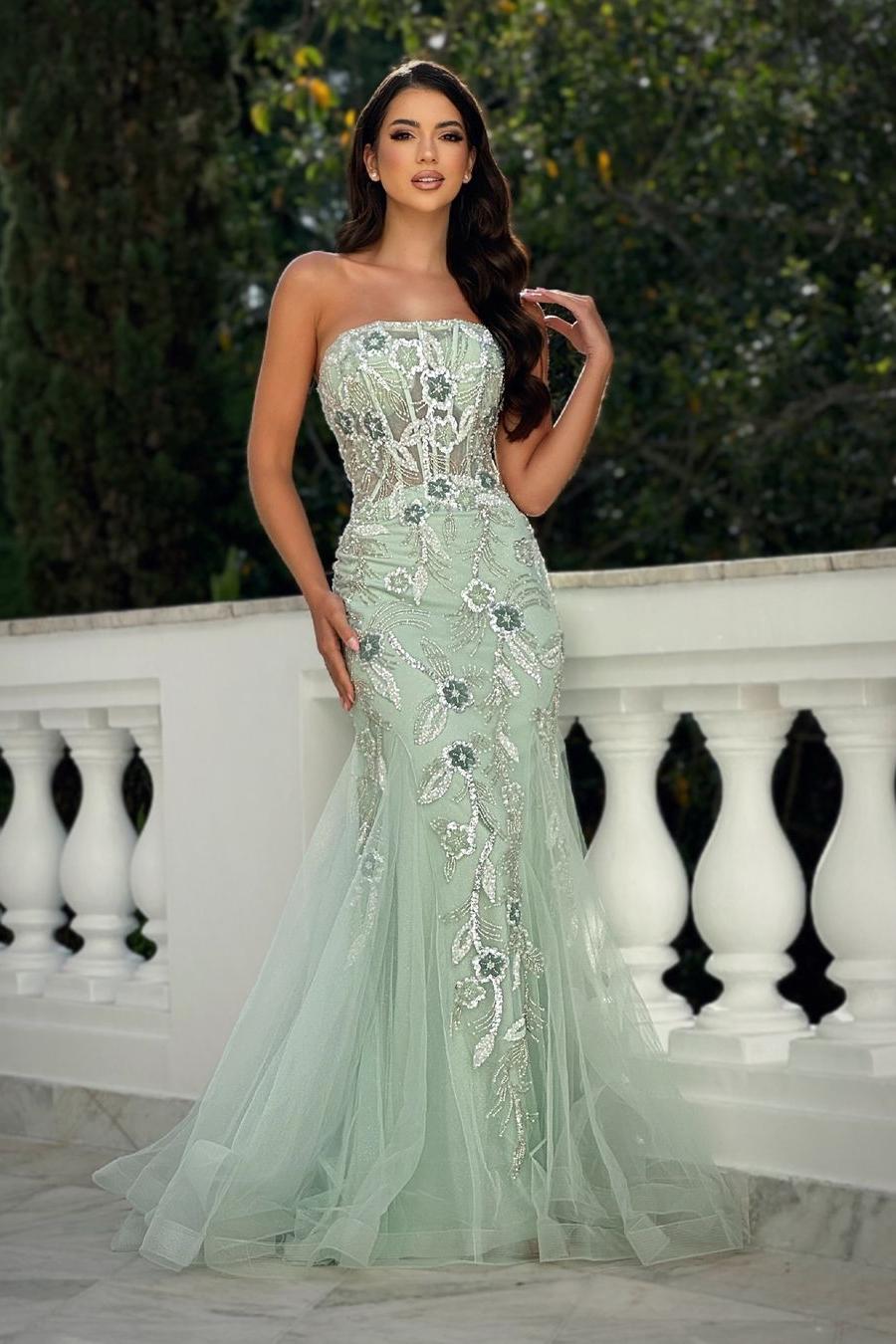Mint Glamorous Applique Sleeveless Strapless Mermaid Prom Dress with Sequins | MS0111 