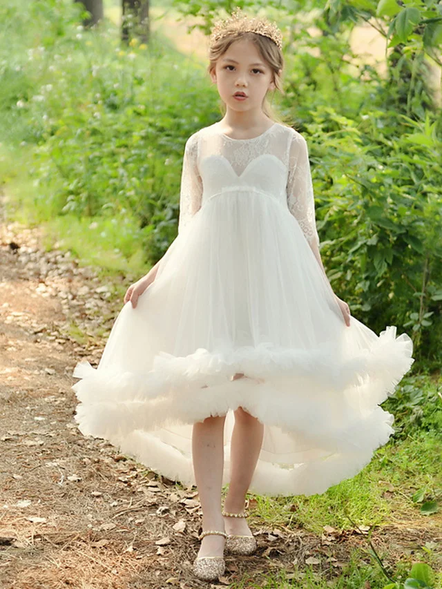 Bellasprom 3/4 Length Sleeve Jewel Neck Ball Gown Flower Girl Dress With Lace
