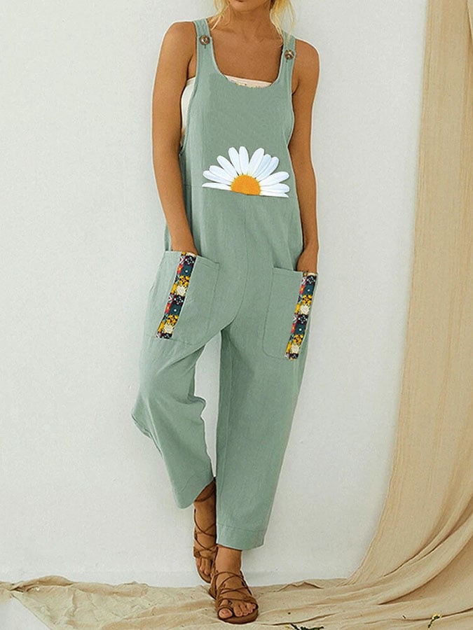 Casual pants Daisy printed patchwork jumpsuit with straps