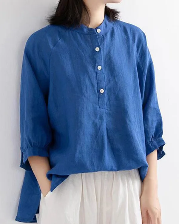 Solid Color Casual Mid Sleeve Cotton Linen Top