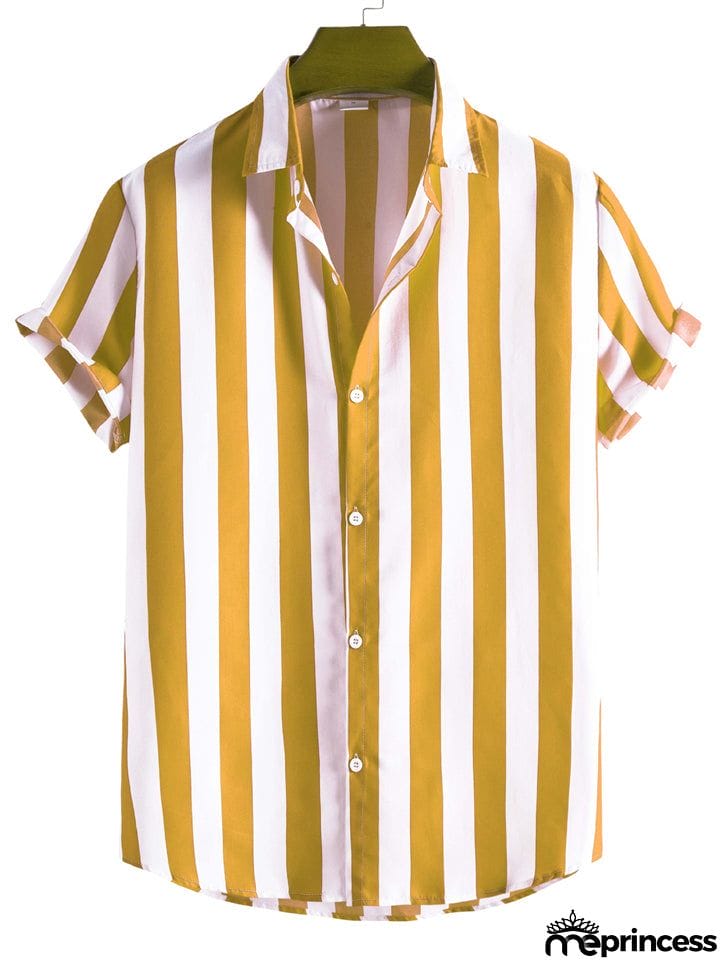 Men's Vertical Striped Button Down Aloha Shirt for Beach