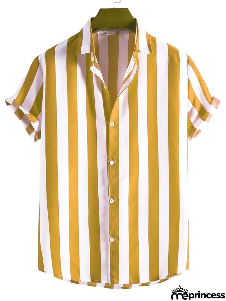 Men's Vertical Striped Button Down Aloha Shirt for Beach