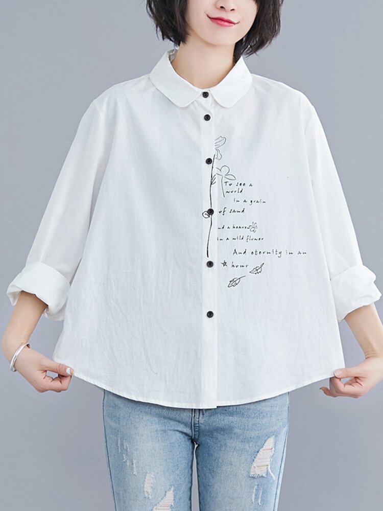Leaves Letter Print Long Sleeve Shirt For Women P1674002
