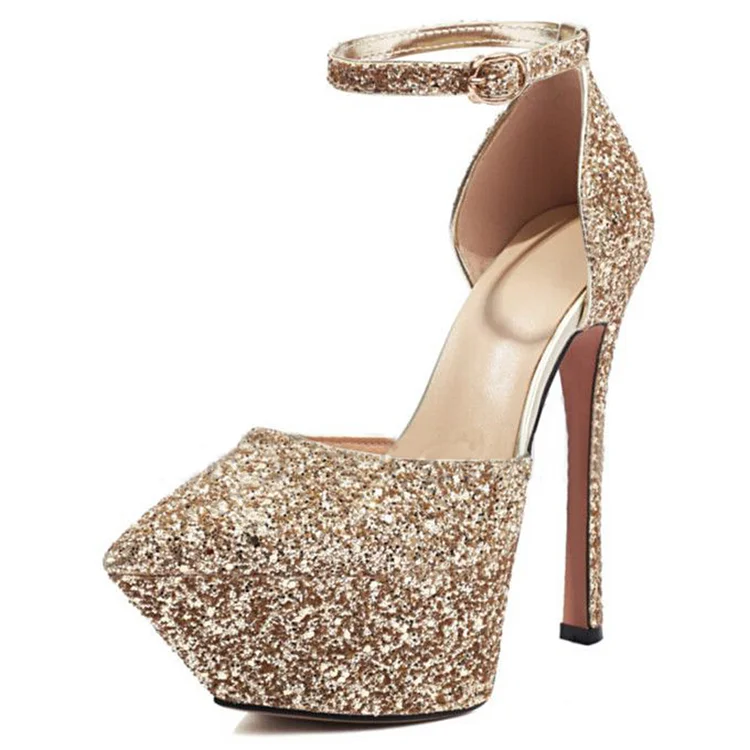 Champagne Ankle Strap High Heels Women'S Elegant Pointy Toe Glitter Shoes Party Stiletto Pumps |FSJ Shoes