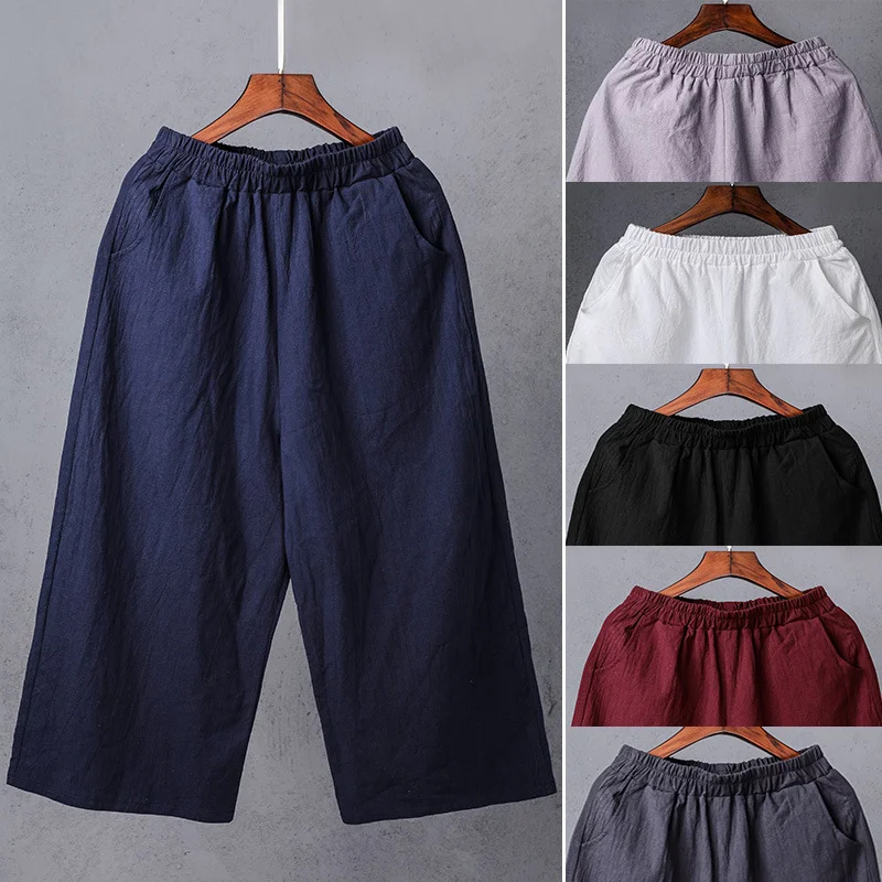 Loose Solid Color Cotton And Linen Cropped Trousers