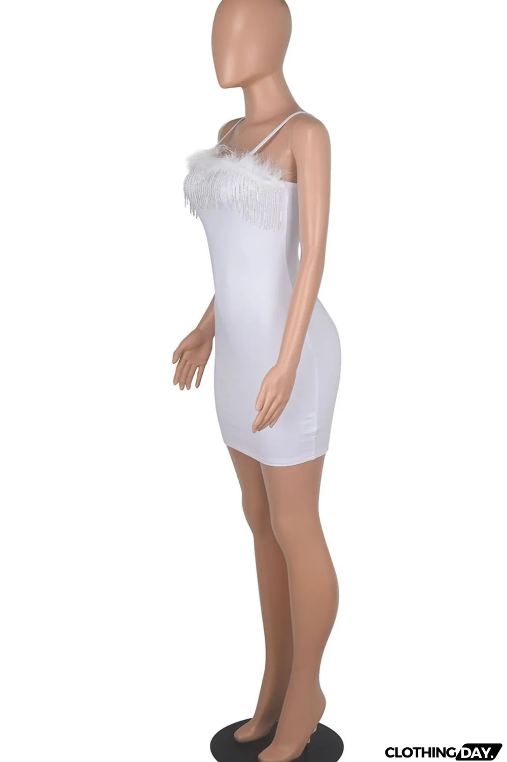 White Sexy Solid Patchwork Feathers Chains Spaghetti Strap Pencil Skirt Dresses