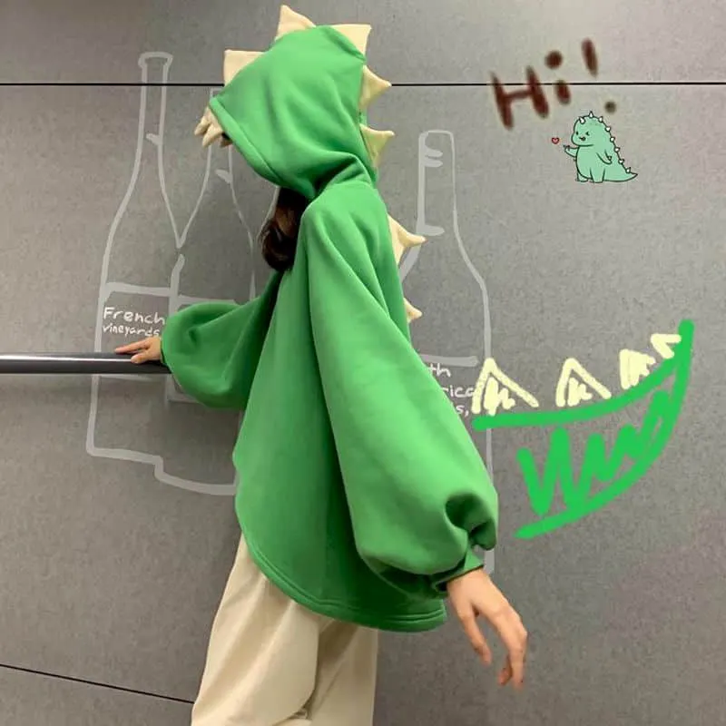 Dinosaur Sweatshirt Women Hoodies 2021 Loose Korean Sculpture Girlfriends Autumn Winter Sisters Outfit Plus Fleece Hooded Jacket