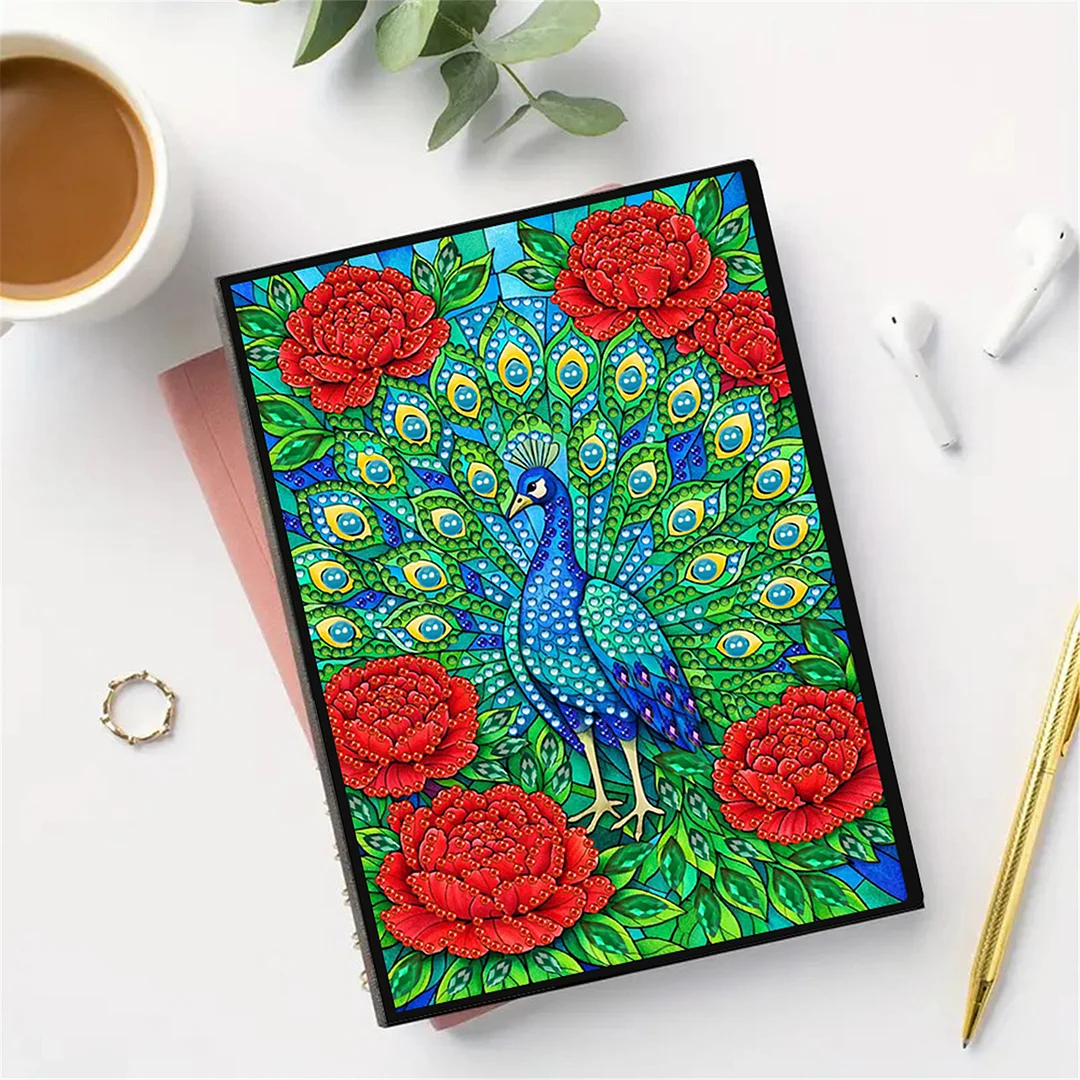 DIY Flower Diamond Painting Journals Notebooks 50 Pages A5 No Lines Special Shaped Diamond Art Kits for Beginners Craft Lovers and Artists (Peacocks)