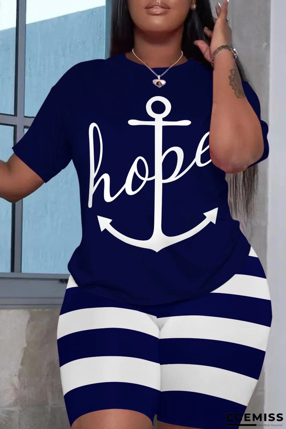 Blue Fashion Casual Sportswear Letter Striped O Neck Plus Size Two Pieces | EGEMISS