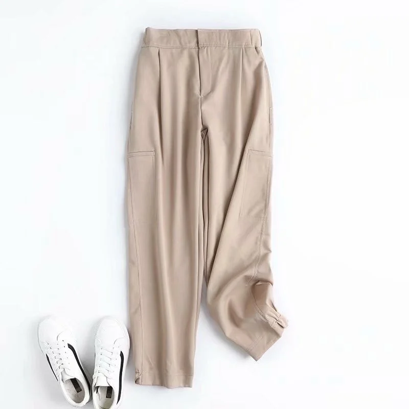 Tangada Fashion Women High Quality Khaki Suit Pants Trousers Side Pockets Buttons Office Lady Pants Pantalon 4C31