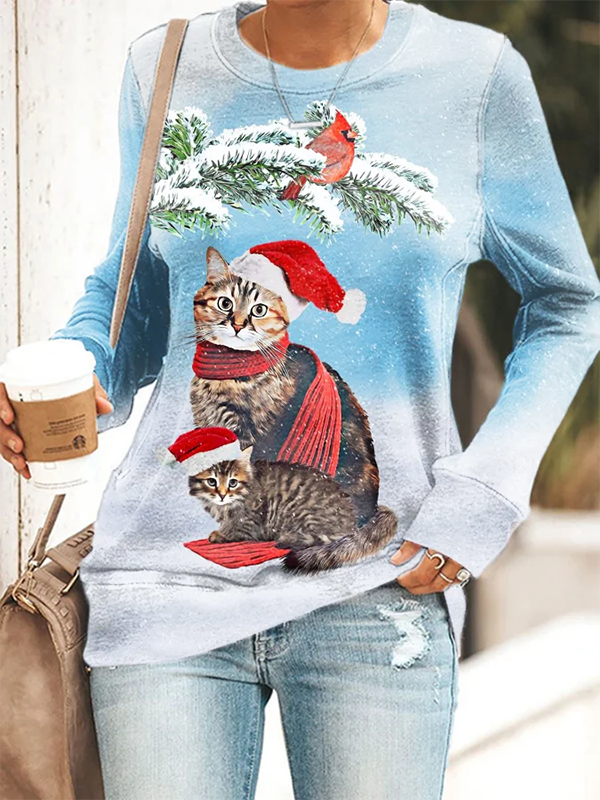 Women's Christmas Winter Cat With Scarf Printed Sweatshirt