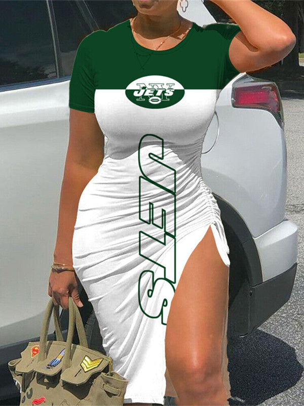 New York Jets High Slit Dress Slide Split T-shirt Dress Crew Neck Bodycon  Gift