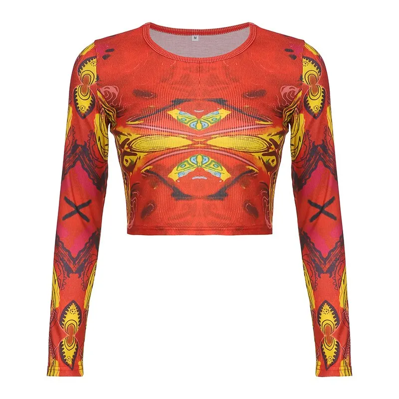 HEYounGIRL Grunge Harajuku Printed Crop Top T Shirt Women 2021 Autumn Basic Long Sleeve Gothic T-shirt Ladies Streetwear 90s