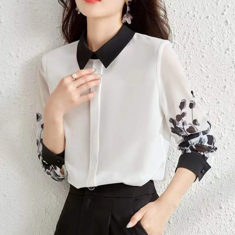 Jangj Summer New Polo Collar Printed Long-sleeved Straight Shirt Black and White Patchwork Blouse Women's Korean Style Shirt