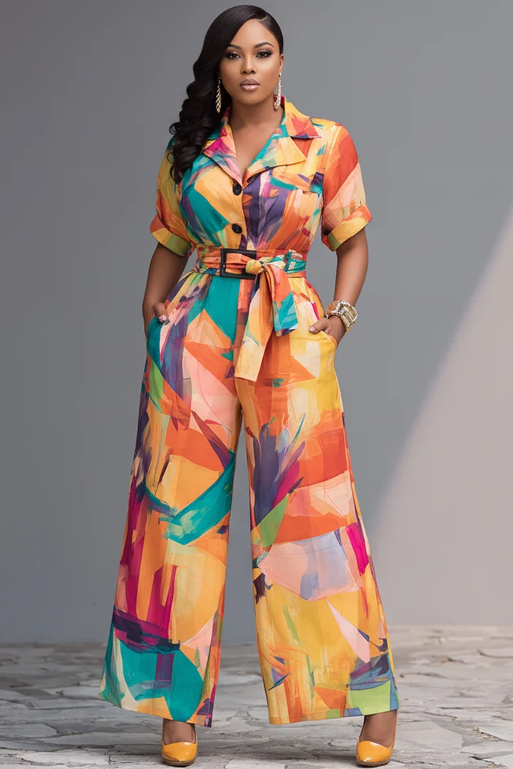 Xpluswear Design Plus Size Daily Multicolor Graphic Turndown Collar Short Sleeve Pocket Wrap Jumpsuits 2024 - Xpluswear