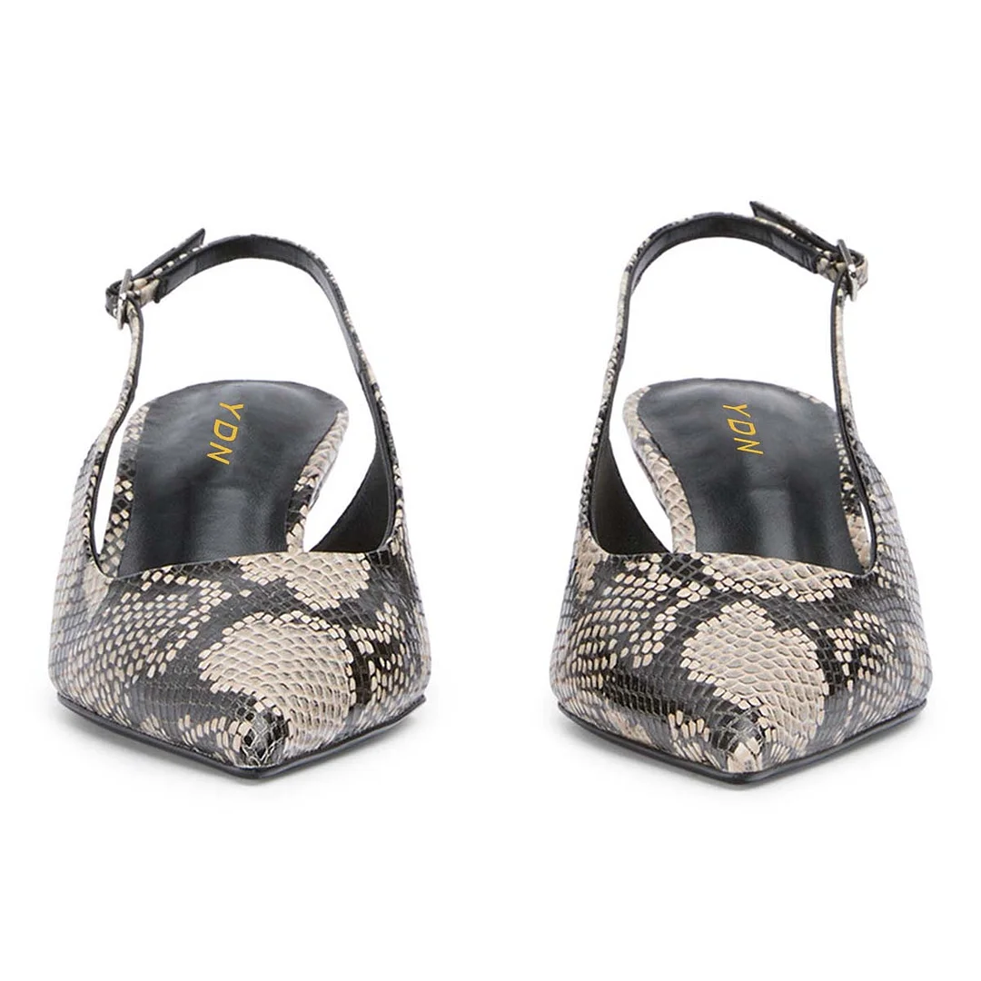 YDN Pointed Toe Python Print Kitten Heel Buckle Strap Slingback Pumps