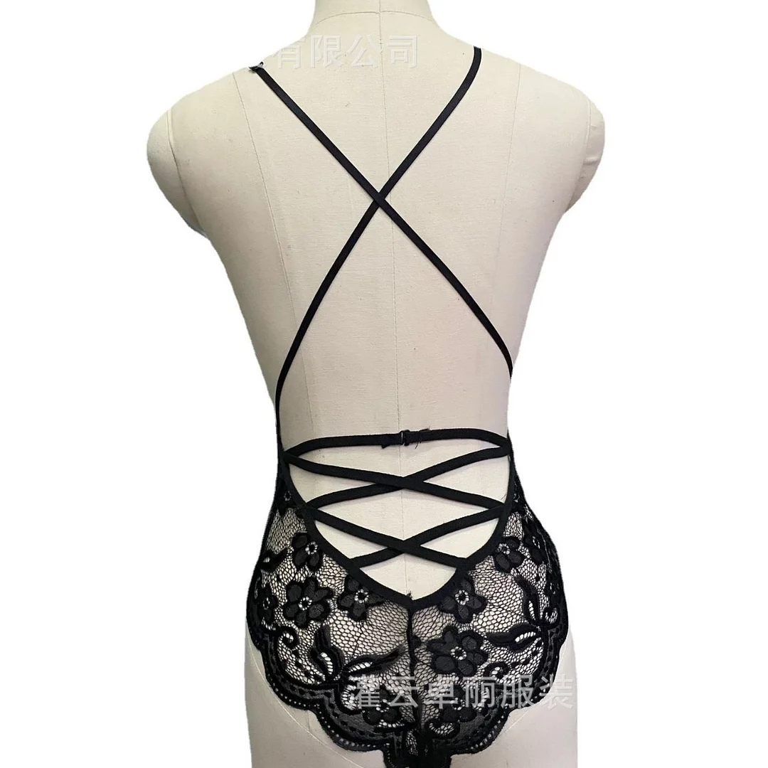 Uveng Women's Lingerie Women's Autumn Lace Eyelash V Collar Splicing Sex Suit