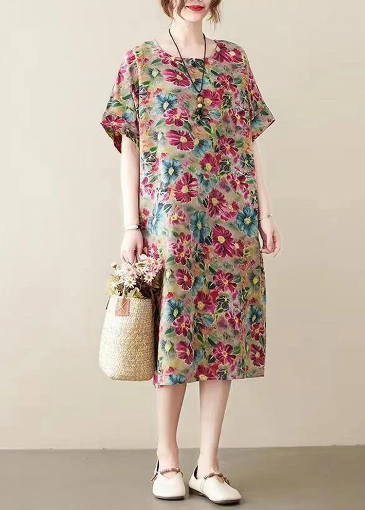 Modern Khaki O-Neck Print Cotton Long Dress Summer