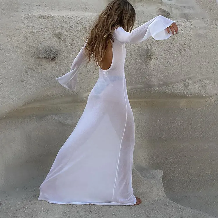 Summer Sexy Backless Long Sleeves See through Mesh Dress 