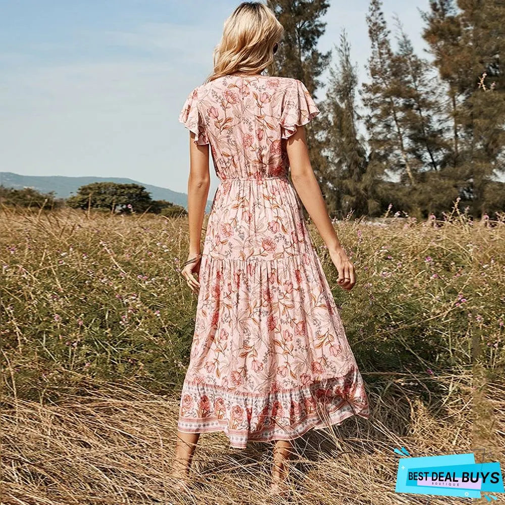 Lotus Leaf Short Sleeve Round Neck Strap Ladies Dress