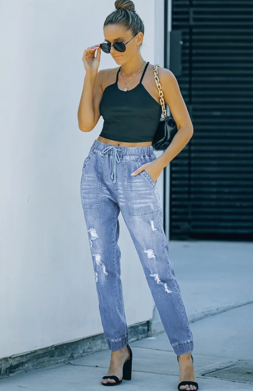 Relaxed fit Distressed Drawstring Pocketed Joggers Ripped Jeans Flusfy