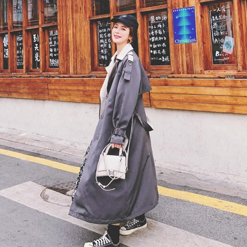 Brand New Fashion Double-Breasted Long Women Trench Coat Grey with Belt Spring Autumn Fall Outerwear Lady Duster Coat for Female