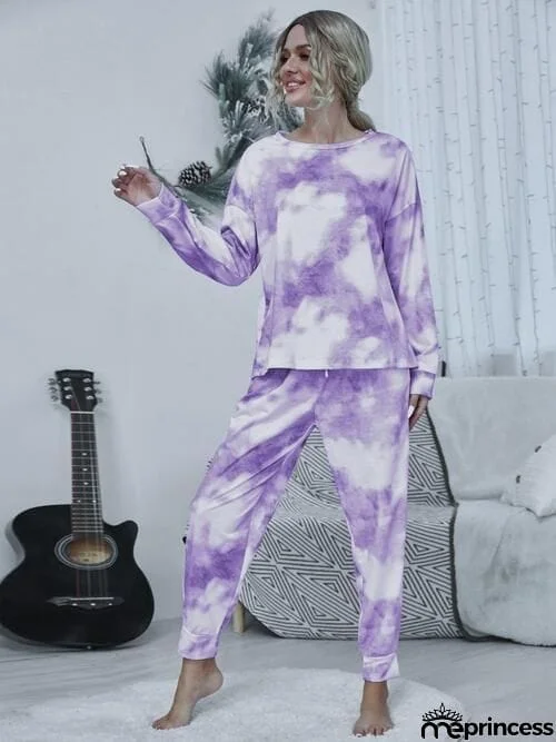 Tie-dye Round Neck Top and Drawstring Pants Lounge Set