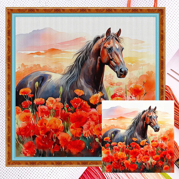 【Huacan Brand】Poppy And Horse 11CT Counted Cross Stitch 40*40CM