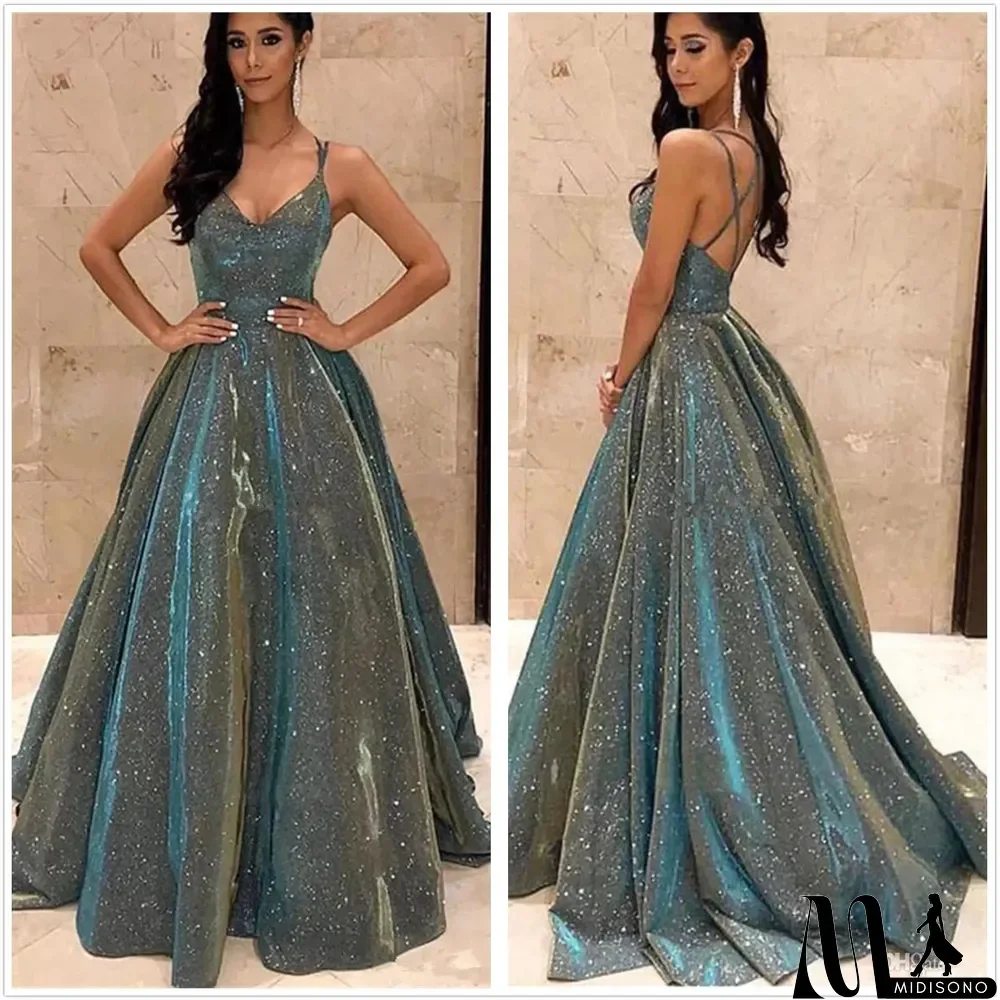 MidiSono - Straps V-neck Sparkling Long Swing A-Line Slim Fit Evening Gown