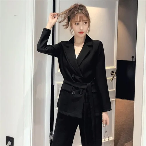 Autumn Winter Women Lace Up Pant Suit Notched Blazer Jacket Wide Leg Pant Office Female Sets