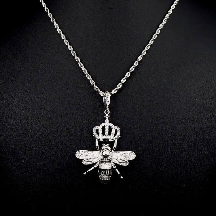 14K Gold Iced Out Men Chain Queen Bee Hiphop Necklace-VESSFUL