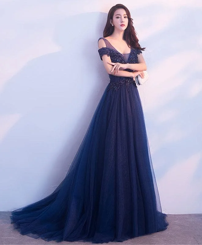 Dark Blue Tulle Long Prom Dress, Blue Evening Dresses