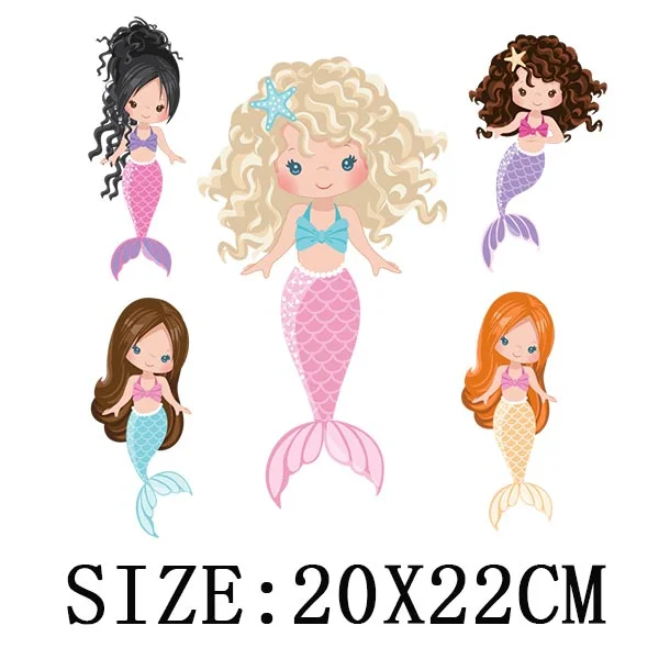 Beautiful Mermaid Thermal Stickers On T-shirt Bag DIY Washable Patches Cute Design Iron On Transfers For Clothes Appliqued Decor