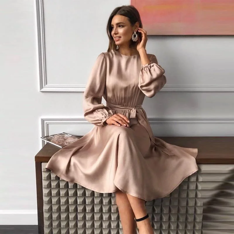 Women Solid Satin Casual Loose Dress O Neck Lantern Sleeve Sashes High Waist Elegant Mid Dress 2021 Spring New Women Party Dress