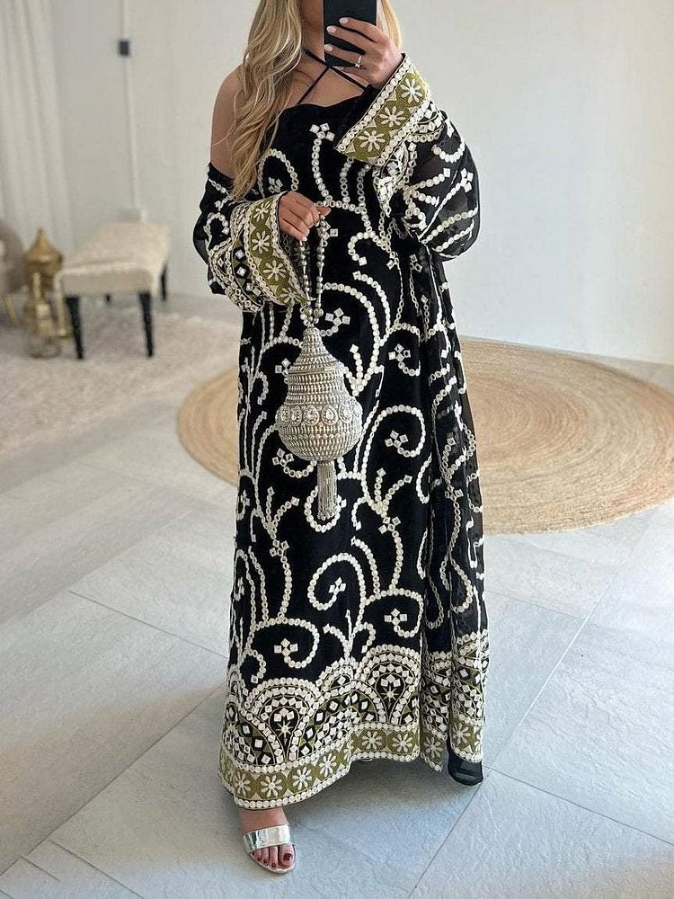 Ethnic Floral Embroidered Slip Dress and Outer Two-Piece Set