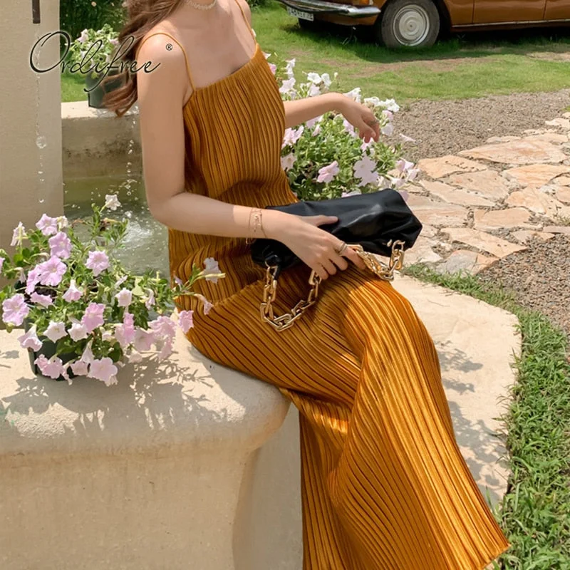 Ordifree 2022 Summer Women Satin Slip Dress Spaghetti Strap Long Silk Dress Sexy Pleated Party Dress