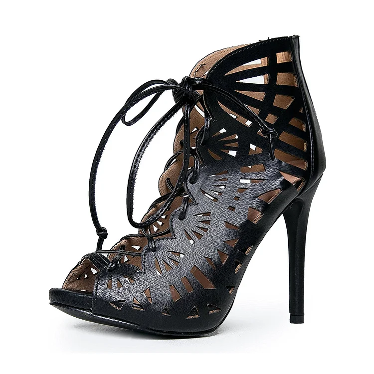Escarpins noirs à bout pointu et talons aiguilles avec lacets Flusfy