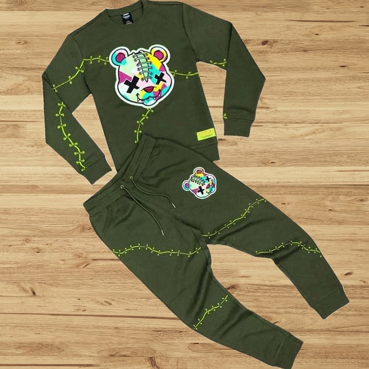 Olive green fashion XX bear printed sweater set