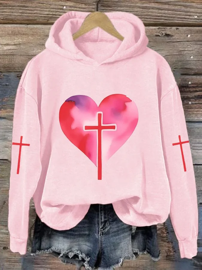 Women's Valentine's Day Heart With Cross Print Hoodie