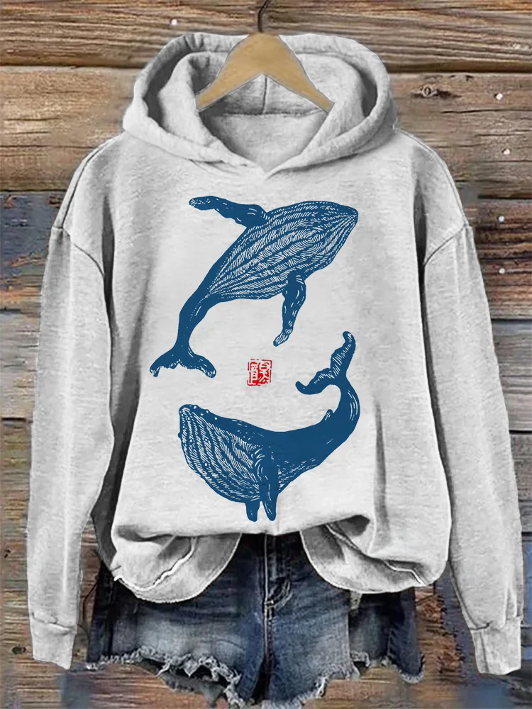 Humpbacks Whale Japanese Lino Art Cozy Hoodie